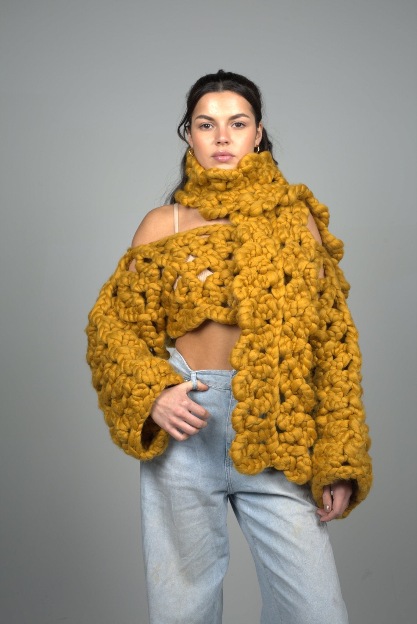 Shone Knitwear. Super soft, chunky knit, oversized scarf in yellow. Statement accessory made with vegan and sustainable yarn.